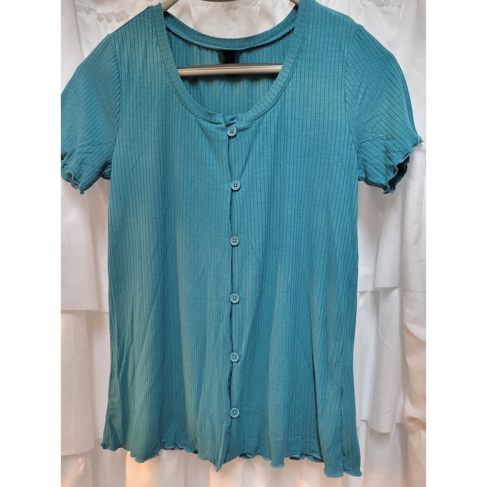 Art Class Girls XL 14/16 Teal Blue Ribbed Button Front Lettuce Edge Top 1920